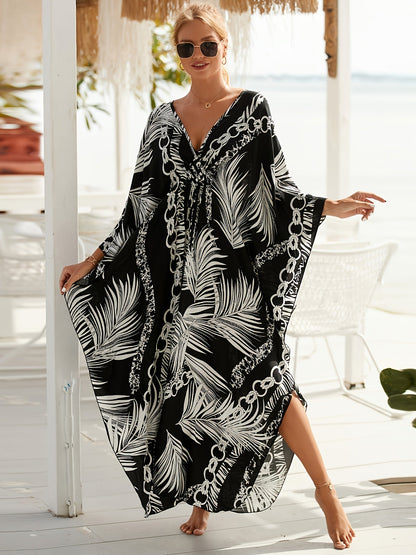 Kaftan de luxe pour femme – motif tropical de palmiers et chaînes, parfait comme paréo de plage ou de piscine