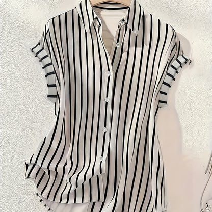 Damesblouse met verticale strepen en korte mouwen – Elegante zomerse look, kantoor & vrije tijd