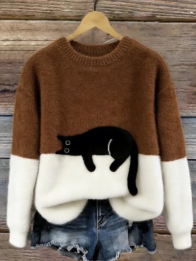 Oversized trui voor dames met colorblock-design en kattenmotief