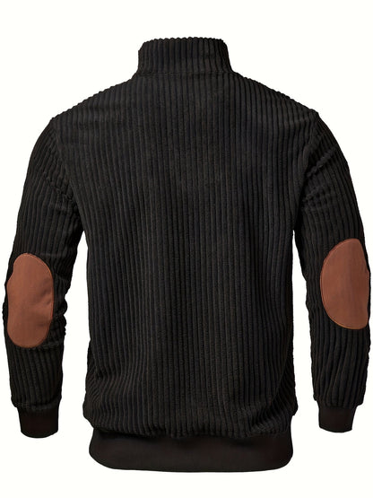 Herren Rippstrick Pullover mit Reißverschluss Stehkragen und Patches