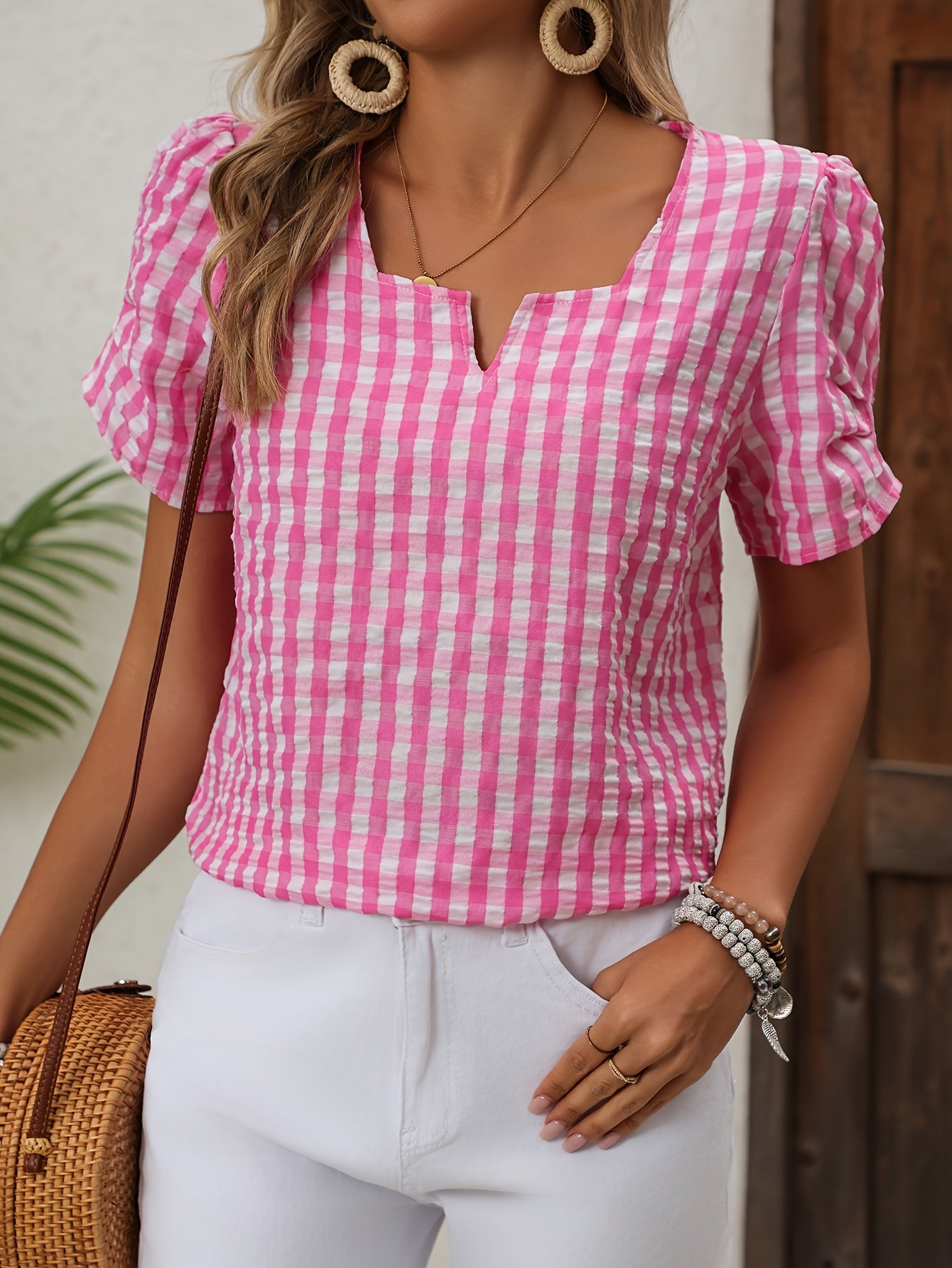Damesblouse geruit met halsuitsnijding – Elegante vrijetijdsstijl voor lente en zomer
