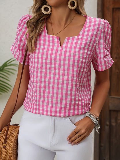 Damesblouse geruit met halsuitsnijding – Elegante vrijetijdsstijl voor lente en zomer