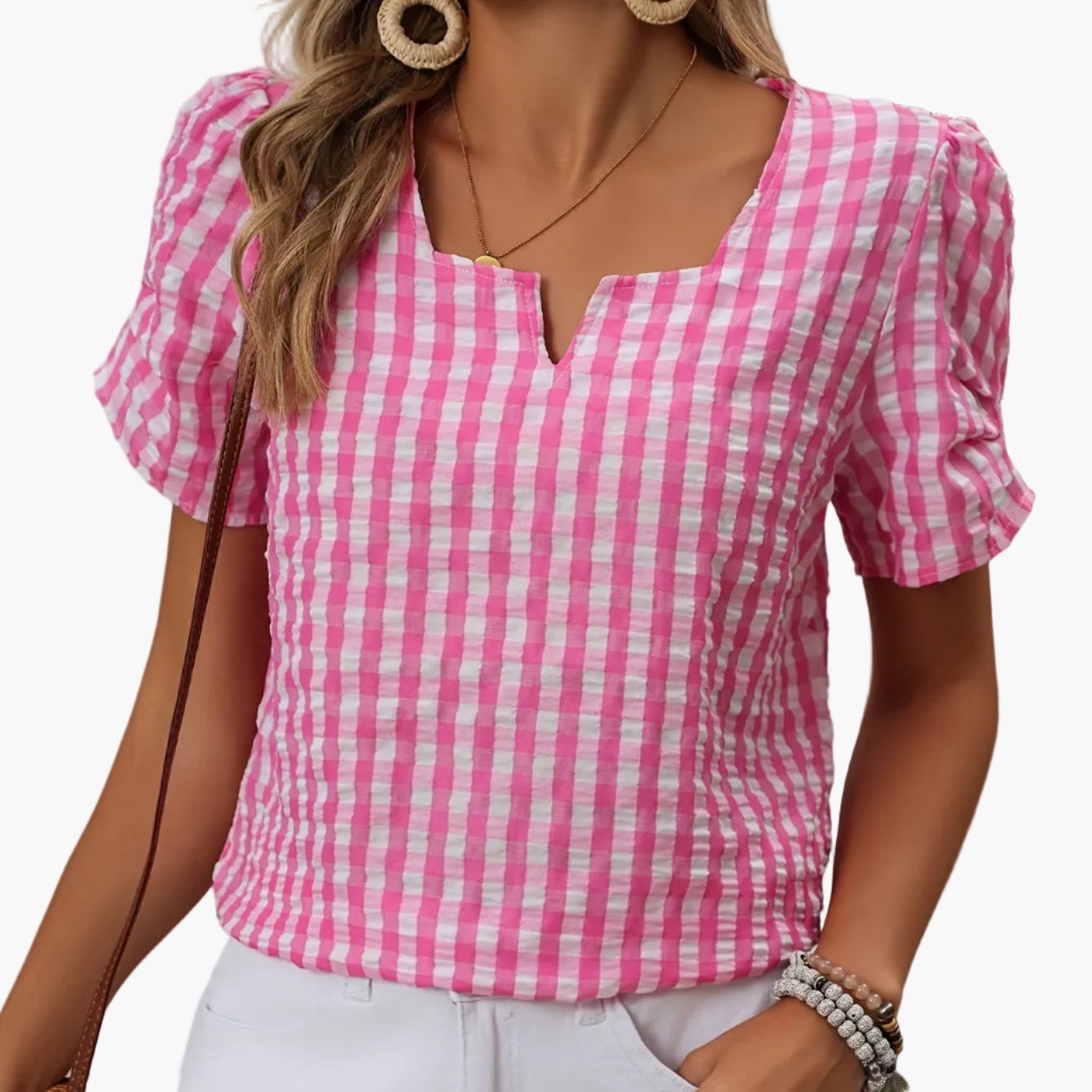 Damesblouse geruit met halsuitsnijding – Elegante vrijetijdsstijl voor lente en zomer