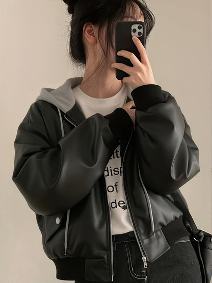 Unisex Bomberjacke Schwarz mit Kapuze Weitem Schnitt