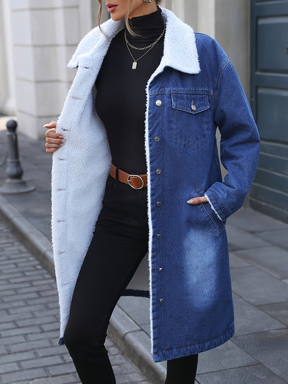 Dame-denimjakke med imiteret fåreskindsfor – lange ærmer, blå