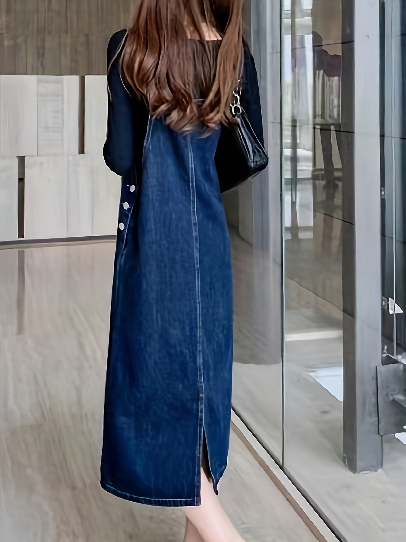 Abito jeans casual da donna con spalline e tasca frontale – Abito salopette midi per tutti i giorni e tempo libero