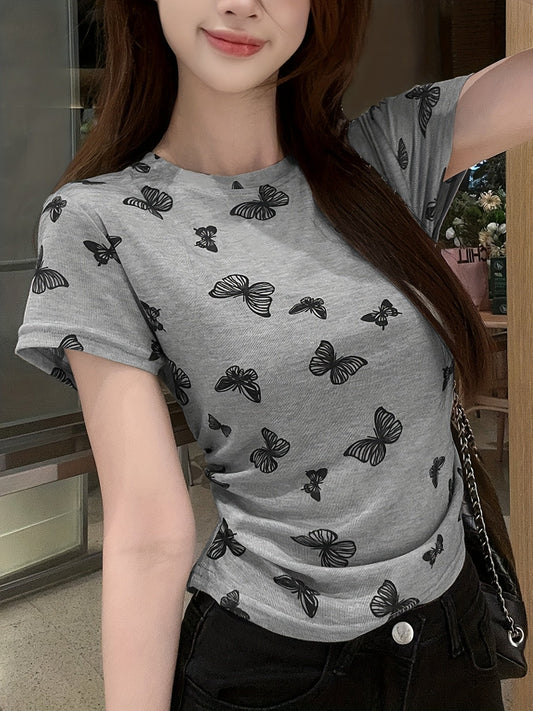 Dames T-shirt met vlindermotief voor vrije tijd en vakantie – Korte mouwen, getailleerd, lente/zomer