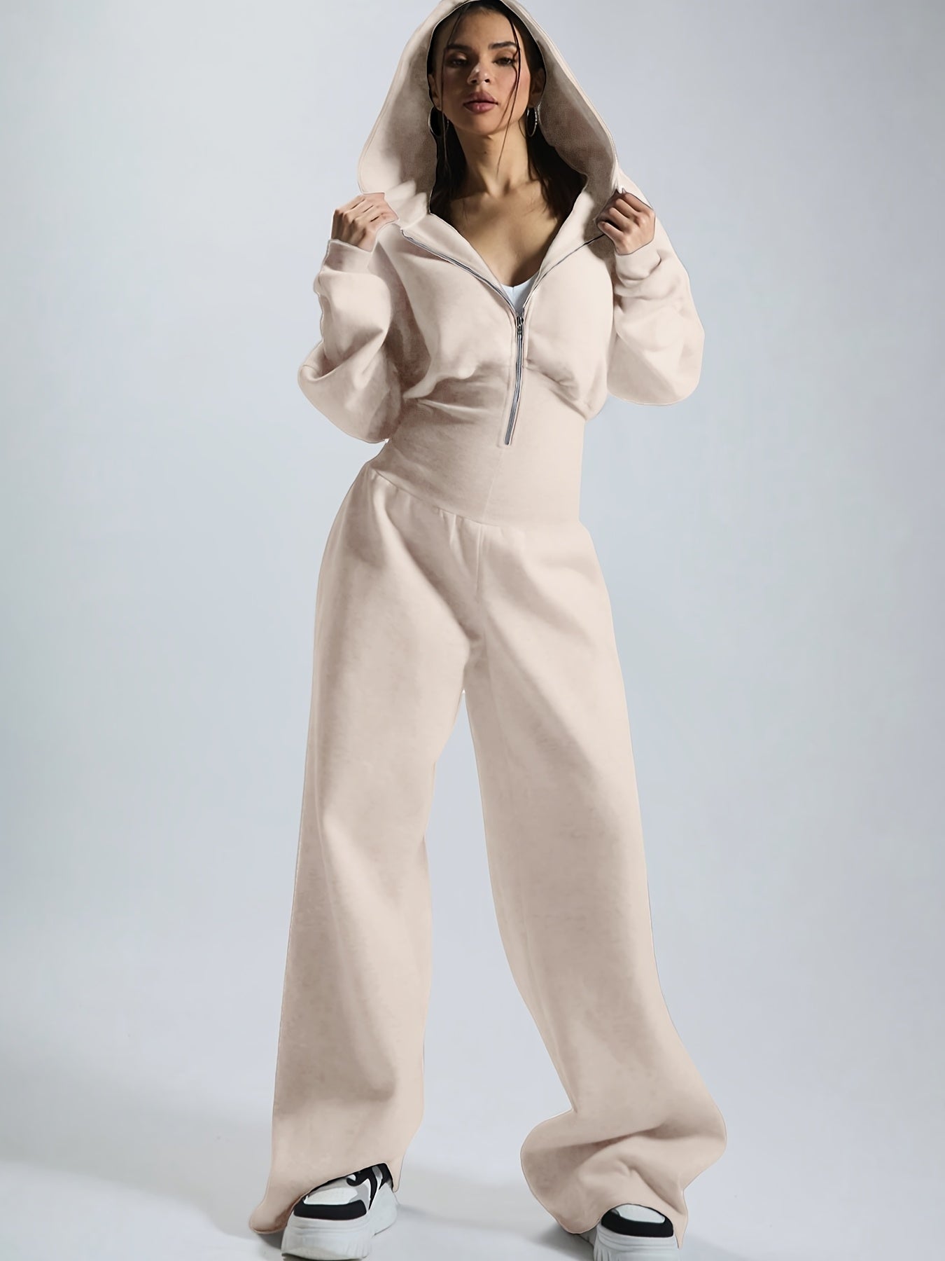 Damesjumpsuit met capuchon, wijde pijpen, rits, beige