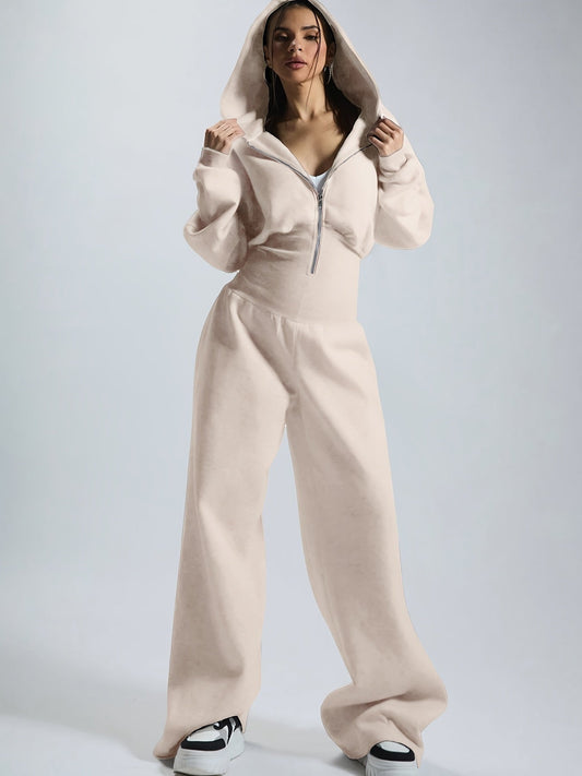 Damjumpsuit med huva, vida ben och dragkedja, beige