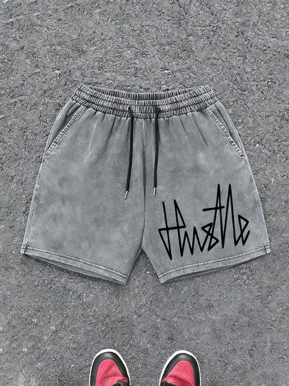 Męskie szorty streetwear z nadrukiem „Hustle” – luźne szorty dresowe na co dzień i na czas wolny