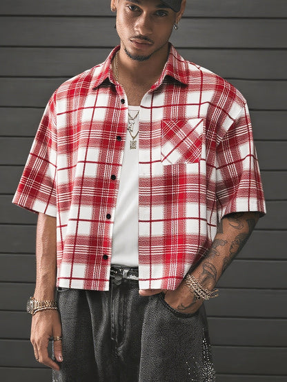 Camisa de cuadros oversize de manga corta para hombre con estilo streetwear – moda casual para el día a día y salidas