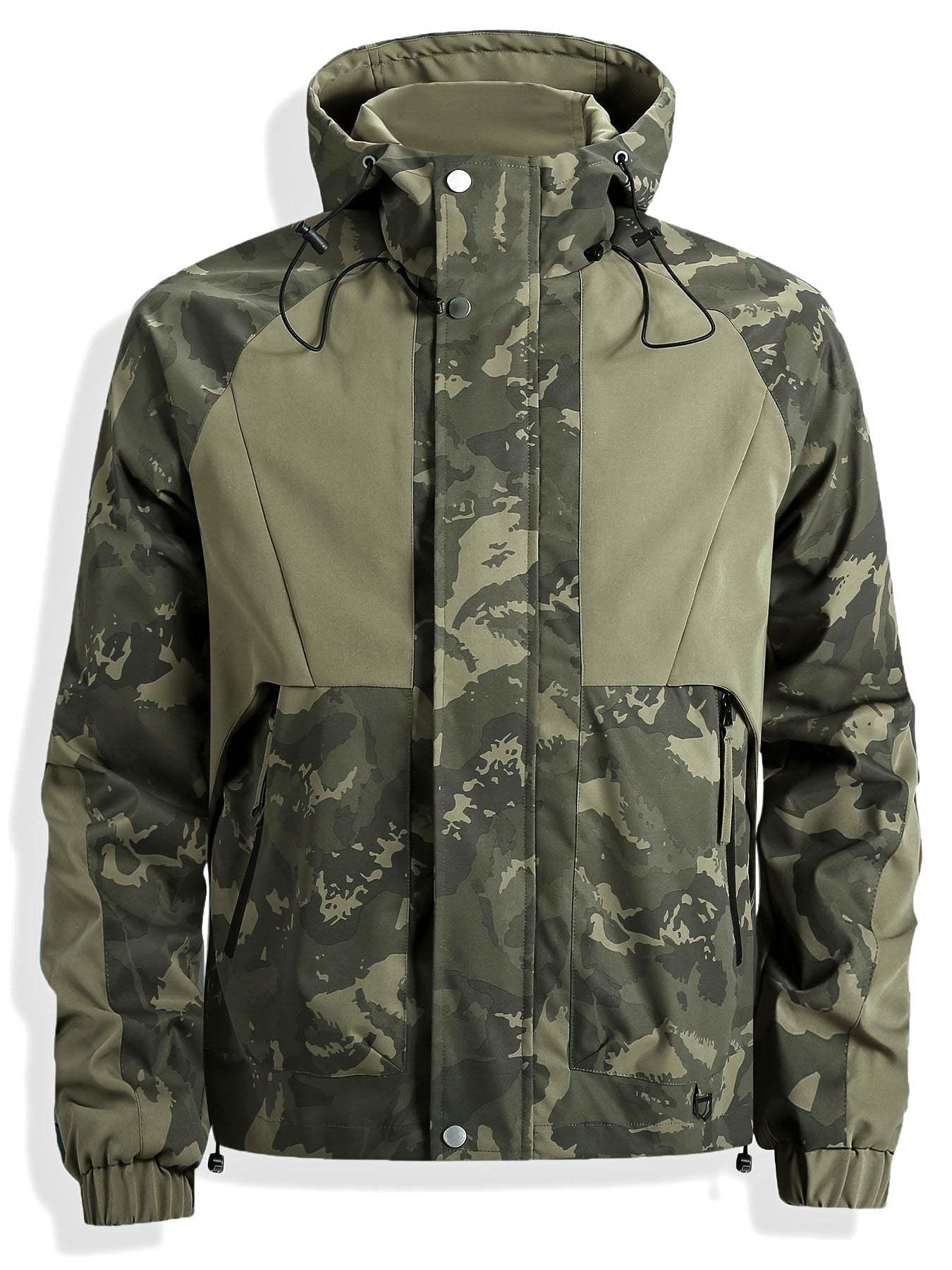 Chaqueta unisex para exteriores, camuflaje verde, con capucha y cremallera