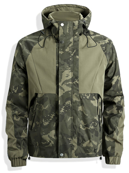 Chaqueta unisex para exteriores, camuflaje verde, con capucha y cremallera