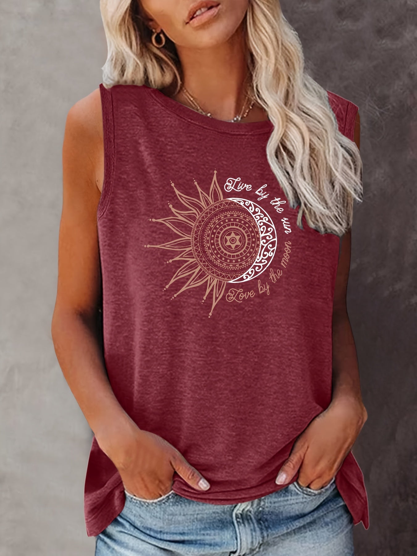 Dames tanktop met mandala zon- en maanprint – boho zomer vrijetijdsshirt
