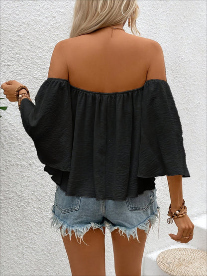 Damska bluzka z odkrytymi ramionami w stylu boho – luźny krój, letnia, elegancka na wakacje i czas wolny