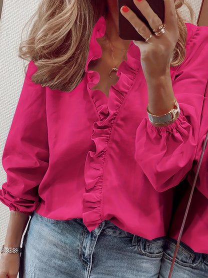 Blusa de mujer elegante con cuello volante y mangas largas – Camiseta de moda para el día a día y la oficina
