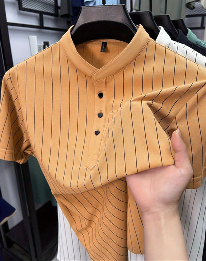 Męska koszula z krótkim rękawem, stójką i prążkami do stylizacji smart casual