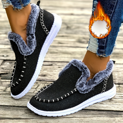 Damen gefütterte Mokassins Grün mit weißem Plüschrand Loafer