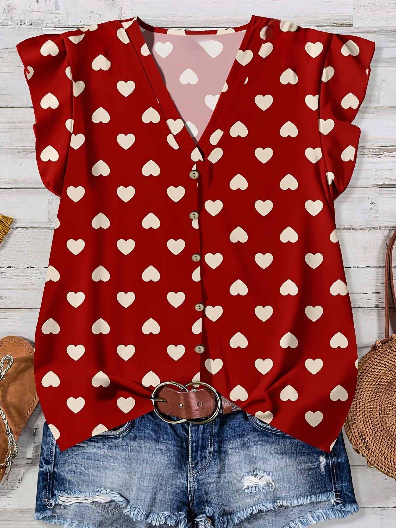 Blusa estiva da donna con motivo a cuore, scollo a V e abbottonatura, per tempo libero e uso quotidiano