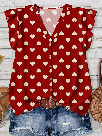 Blusa estiva da donna con motivo a cuore, scollo a V e abbottonatura, per tempo libero e uso quotidiano