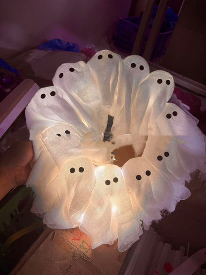 Couronne de porte Halloween avec lumières fantômes – Décoration pour fêtes Halloween et maison hantée
