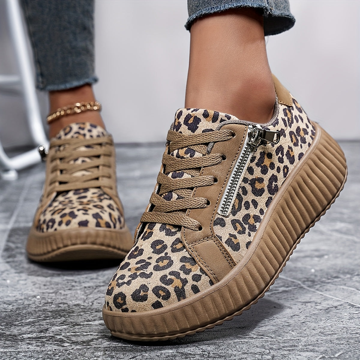 Zapatillas de mujer con estampado de leopardo y suela plataforma – Calzado casual de moda para el día a día y estilo urbano