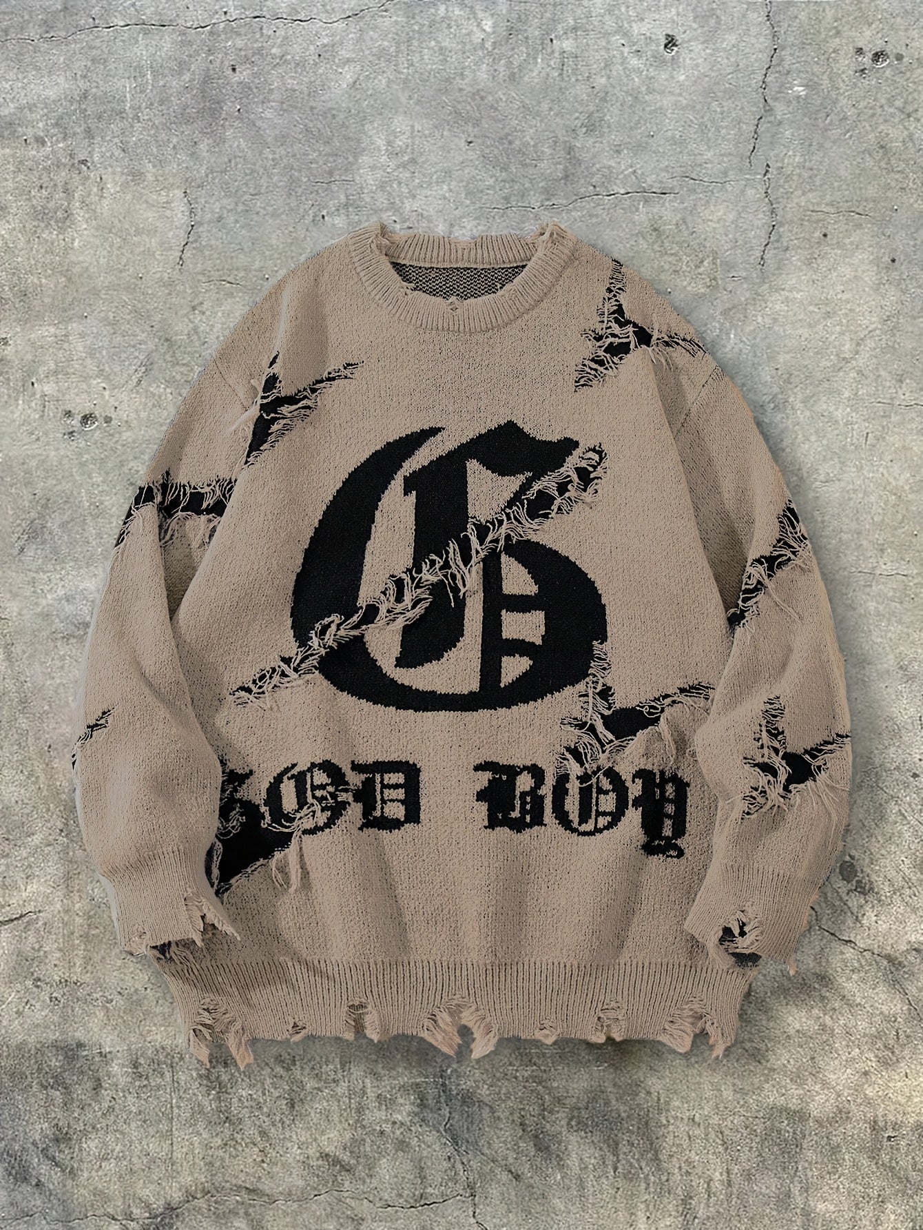 Unisex distressed-pullover med rund hals og tekstprint