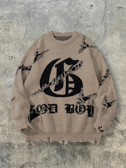 Unisex distressed-pullover med rund hals og tekstprint