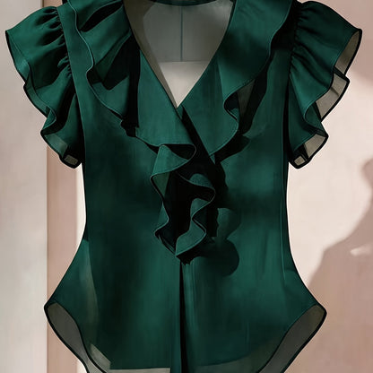 Damevolantbluse med V-hals og volanger – Elegant chiffongbluse for kontor og kveld