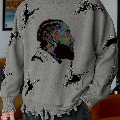 Suéter de hombre de cuello redondo con estampado y efecto desgastado beige