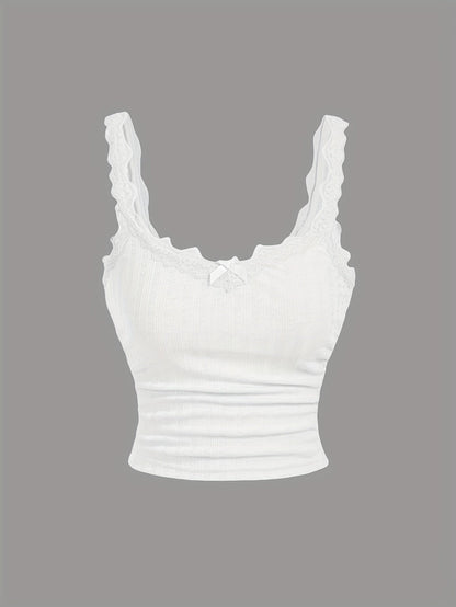 Damen Coquette-stil Camisole-topp med spets och rosett – feminint vintageinspirerat plagg