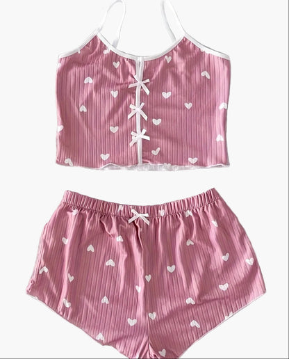 Dame pyjamasæt med hjerteprint og sløjfer – To-delt sommernatsæt, sexet stil