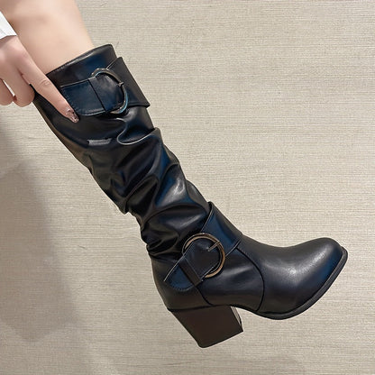 Damen Stiefel mit Schnallen und Blockabsatz, geraffter Schaft