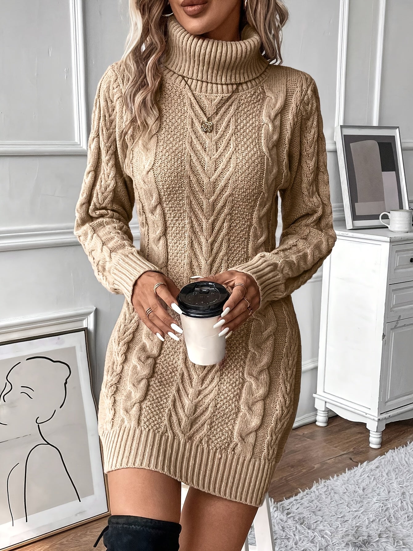 Damen Strickkleid Rollkragen Zopfmuster Langarm