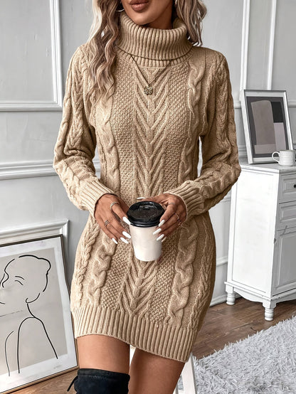 Damen Strickkleid Rollkragen Zopfmuster Langarm