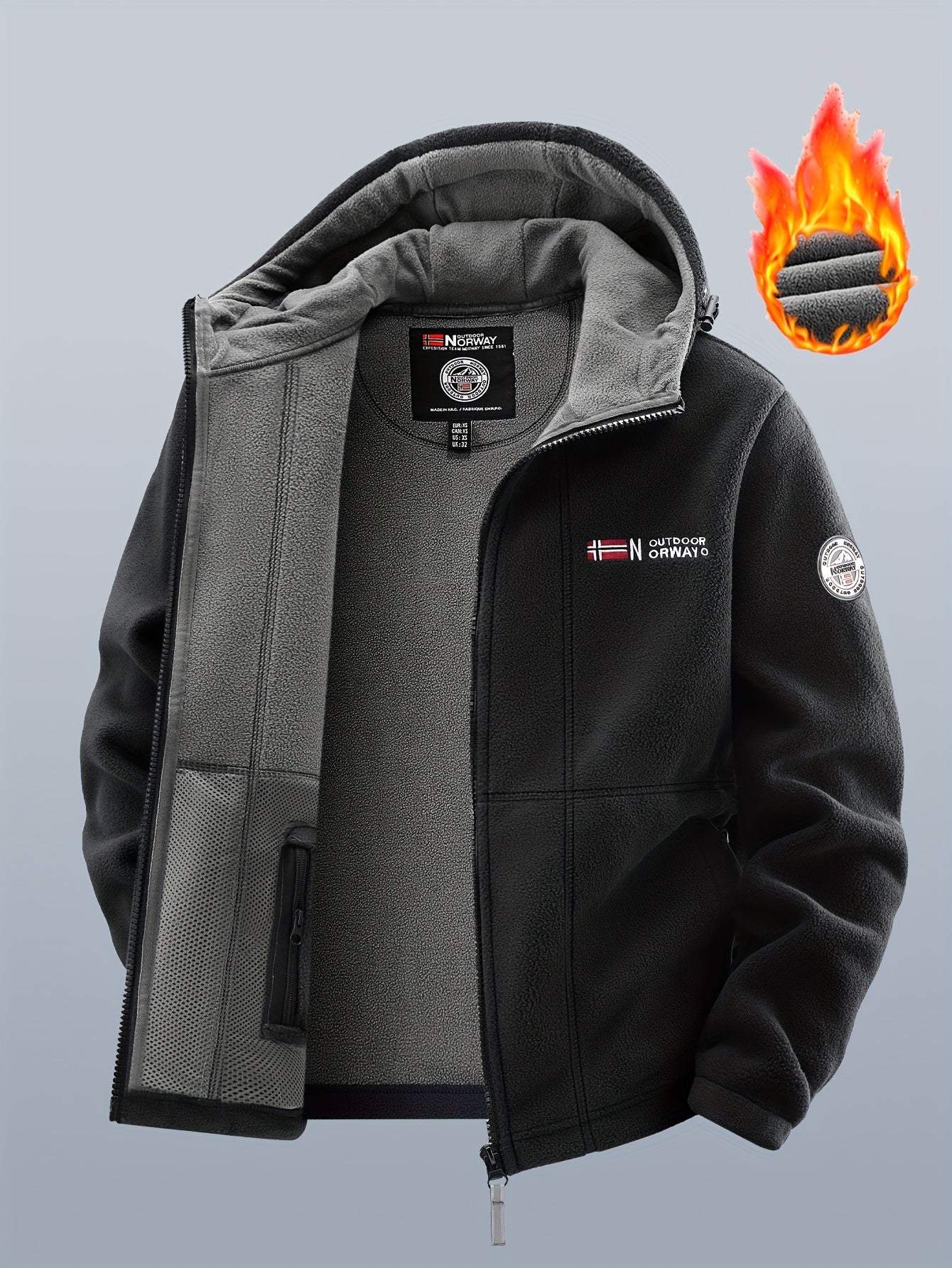 Chaqueta polar de exterior para hombre con capucha – Forro cálido, cierre de cremallera, bolsillo en el pecho