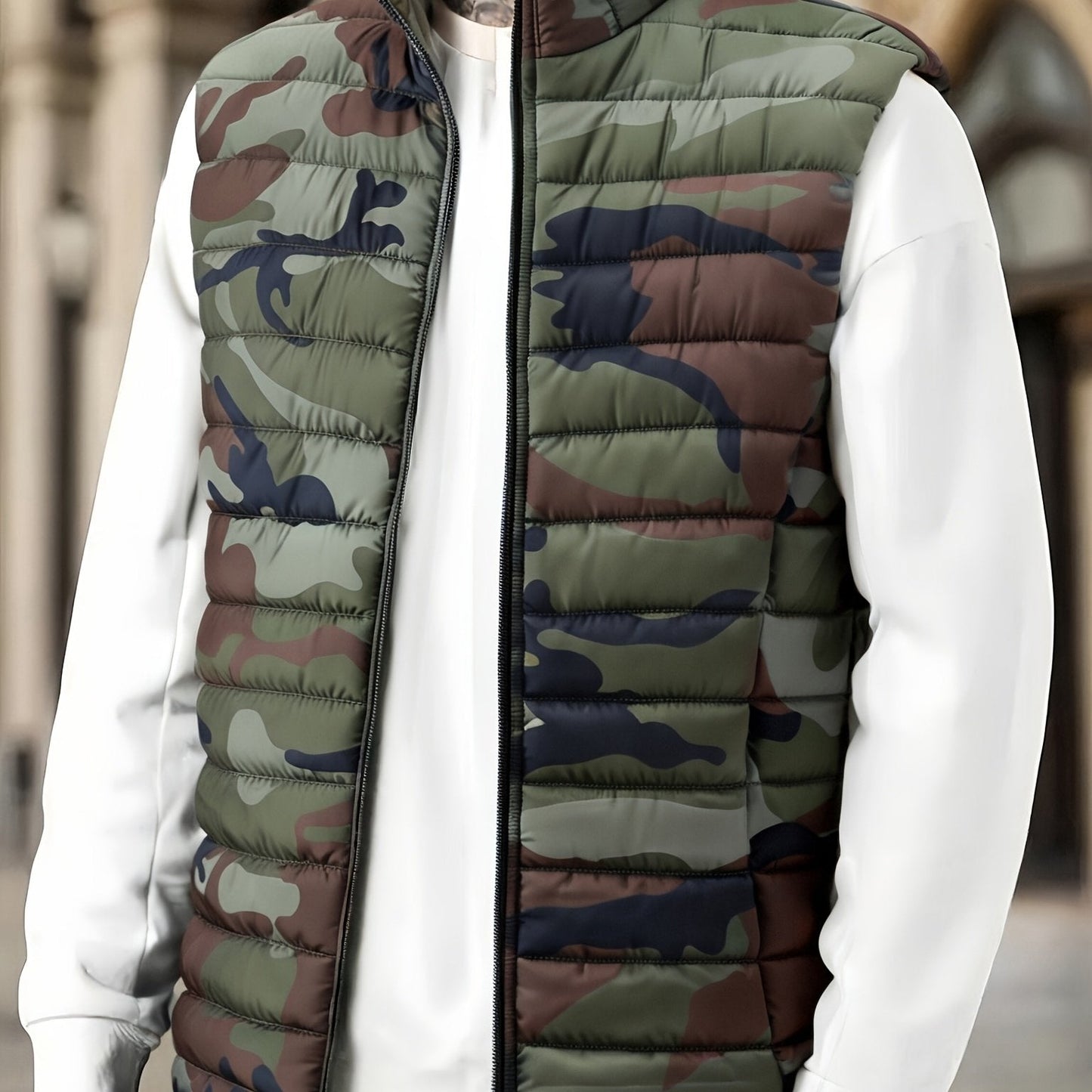 Herren Steppweste Camouflage Gemustert Stehkragen Reißverschluss