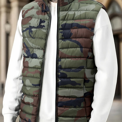 Herren Steppweste Camouflage Gemustert Stehkragen Reißverschluss