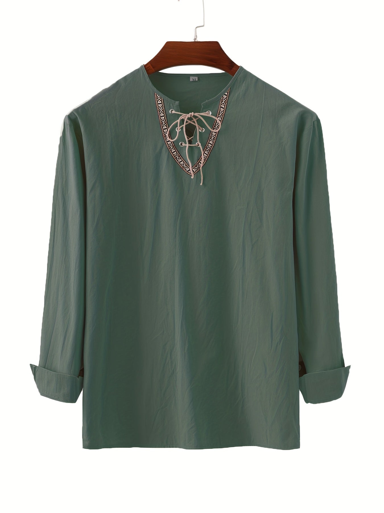Herrens vintage långärmad tröja med snörning och geometrisk brodyr – fritid och vardag