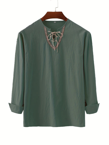 Herrens vintage långärmad tröja med snörning och geometrisk brodyr – fritid och vardag