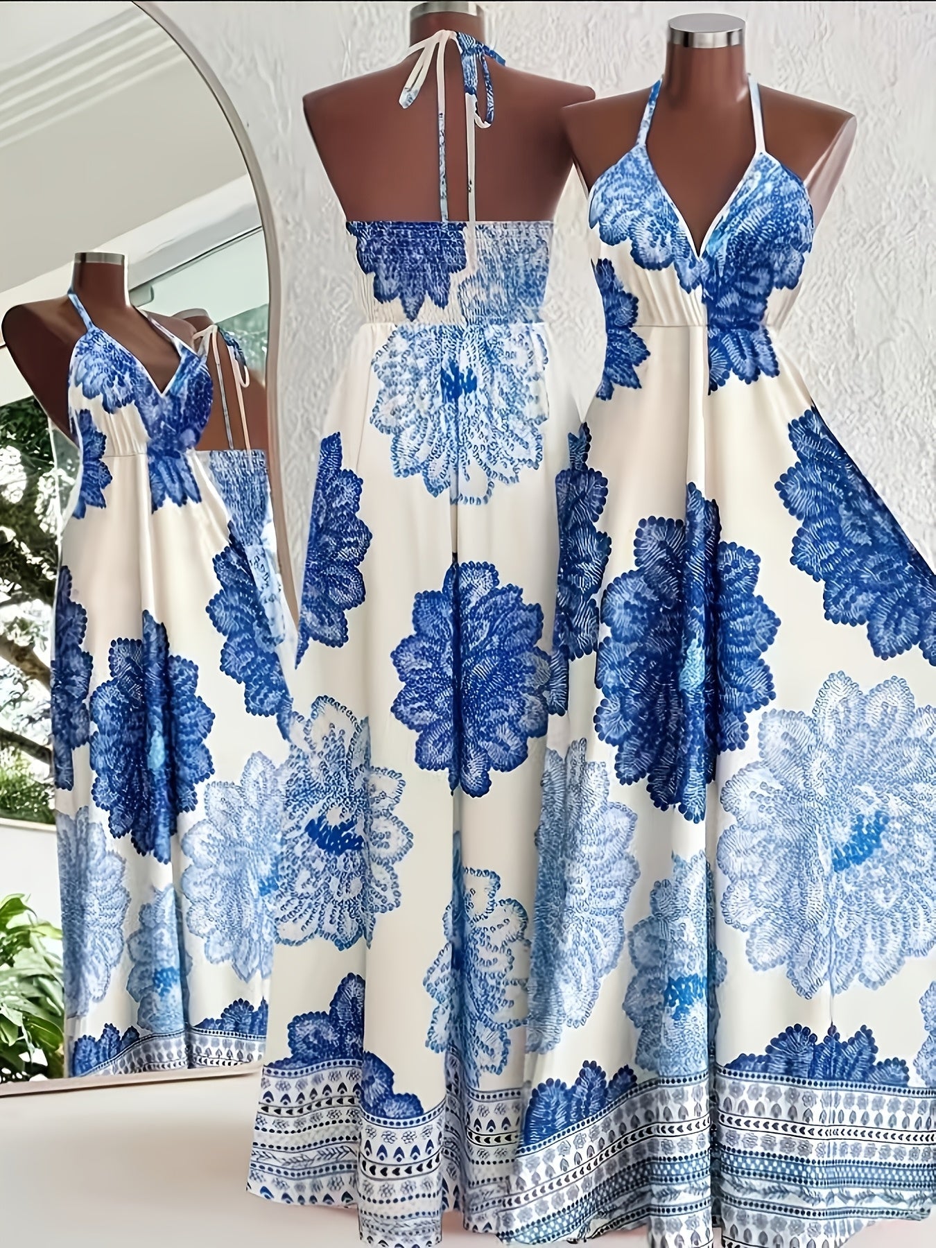 Damen Boho Maxikleid mit Halterneck und Blumenprint – Perfekt für Urlaub und Sommerfeste