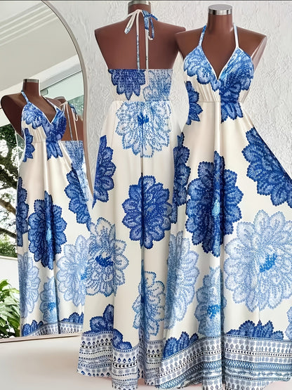 Damen Boho Maxikleid mit Halterneck und Blumenprint – Perfekt für Urlaub und Sommerfeste