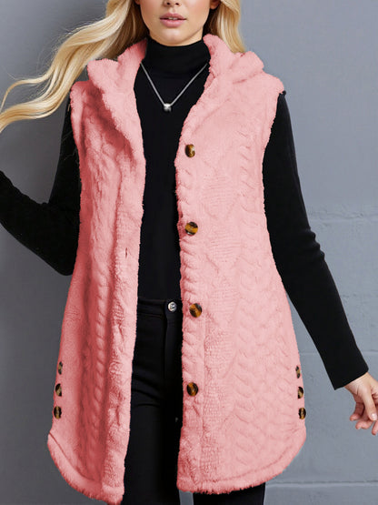 Gilet da donna con cappuccio in pile teddy e bottoni, bianco
