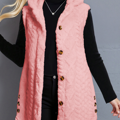 Gilet da donna con cappuccio in pile teddy e bottoni, bianco