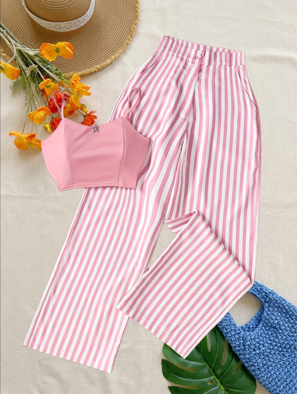 Conjunto de dos piezas para mujer – Pantalón de talle alto a rayas y top ajustado, look veraniego elegante para ocio y eventos