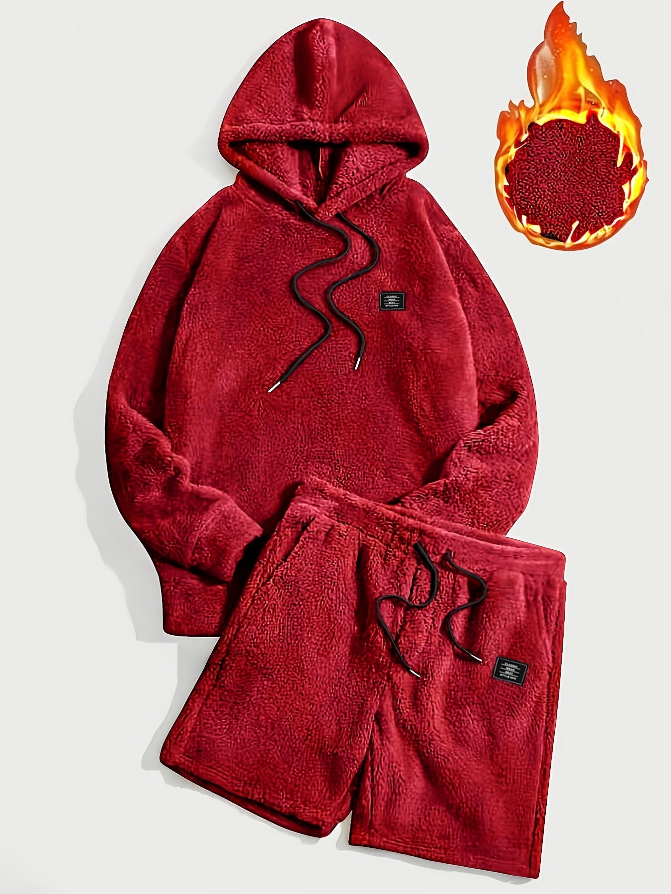 Unisex teddyfleece hoodie- en shortset met capuchon en trekkoord
