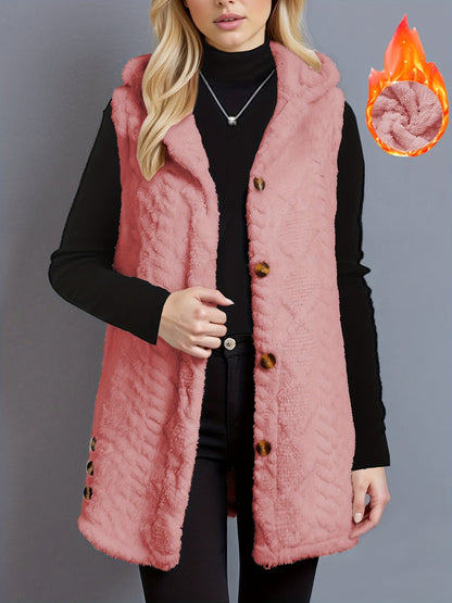 Gilet da donna con cappuccio in pile teddy e bottoni, bianco