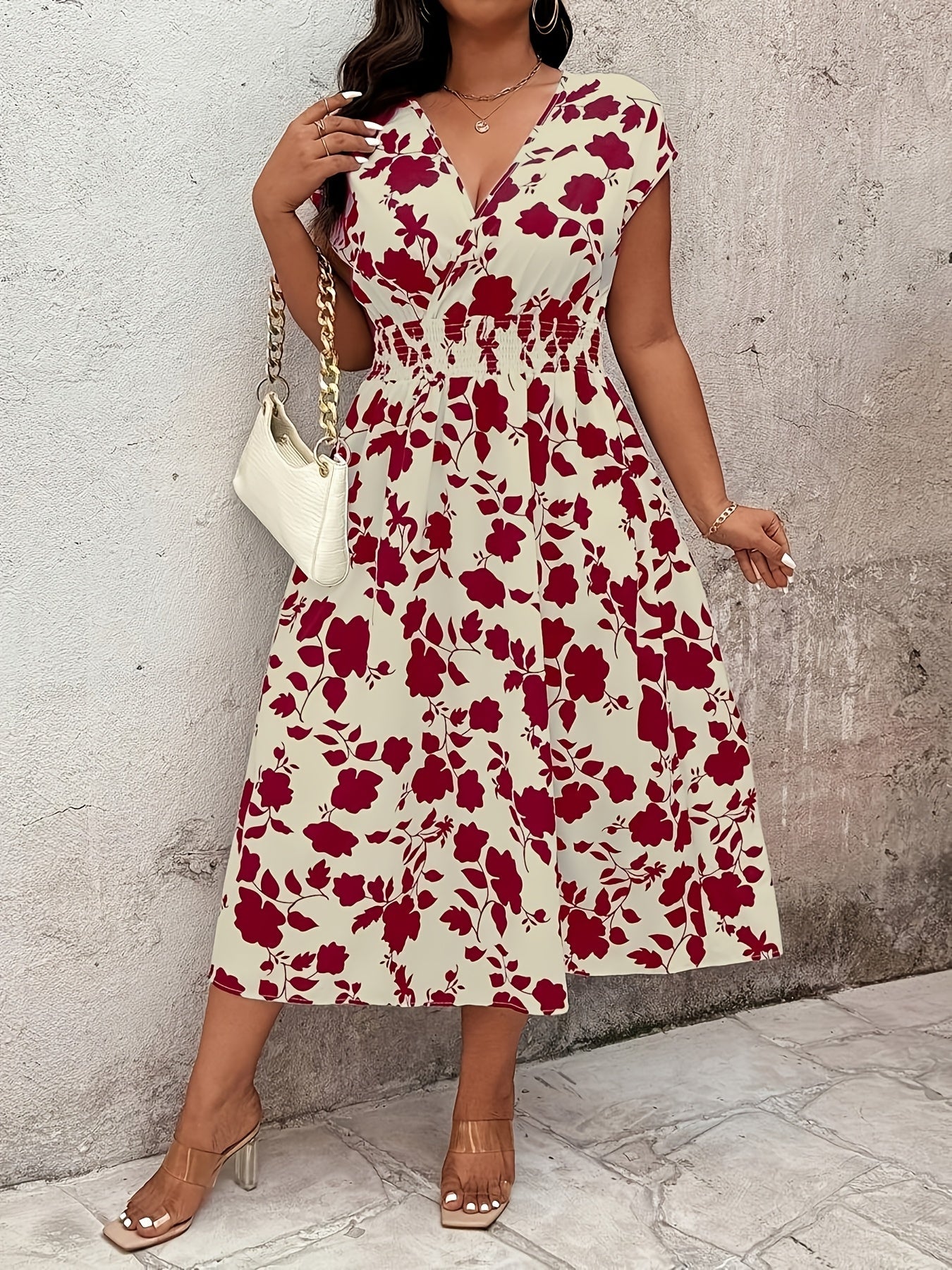 Abito midi elegante da donna con scollo a V e coulisse elastica – Perfetto per il tempo libero e l’estate
