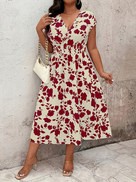 Dames Elegante Bloemen Midi-jurk met V-hals en Elastische Taille – Perfect voor Vrije Tijd en Zomer