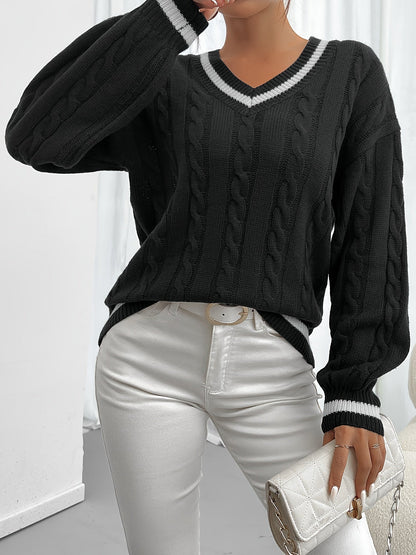 Suéter de punto para mujer con trenzado, escote en V y rayas en el cuello y los puños